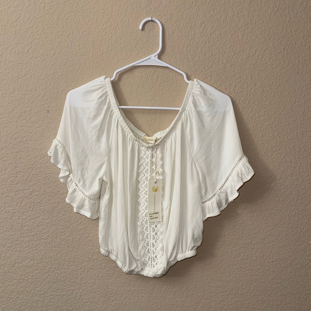 Ocean Drive Cream Flutter Sleeve Blouse with Ruffled Smocked Details